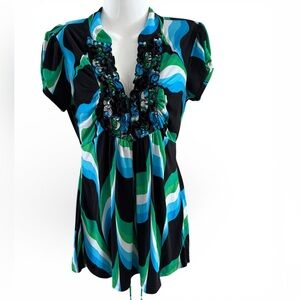 Y2K Heart Soul Aqua Green Ruffled Babydoll V-Neck Tie Back Cap Sleeves Top Large